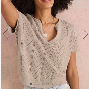 Splendid Women Small Sabrina Pointelle Sweater Knit Top Short Sleeve Scallop